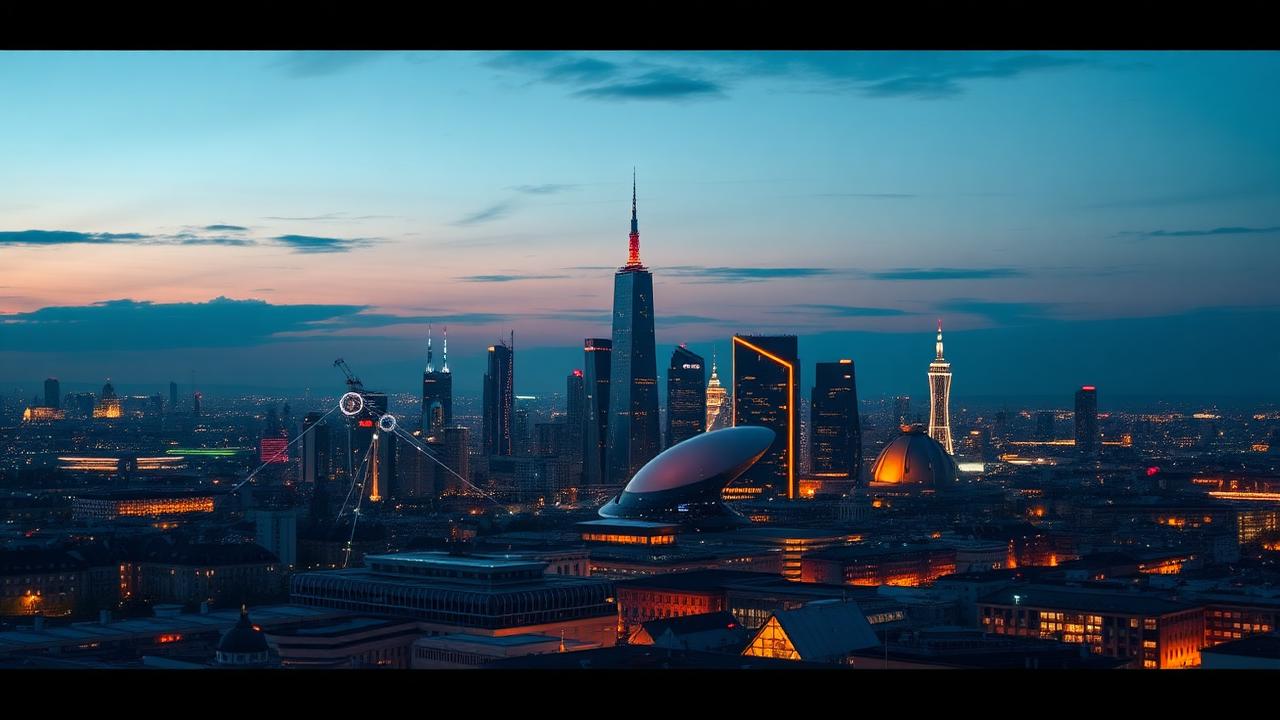 European city skyline at dusk overlaid with digital connection lines representing the online gaming market